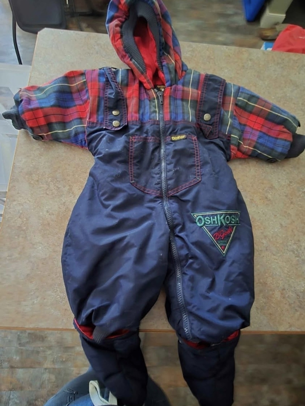 OshKosh B'gosh Navy Snowsuit with Red & Green Plaid Hood and Sleeves